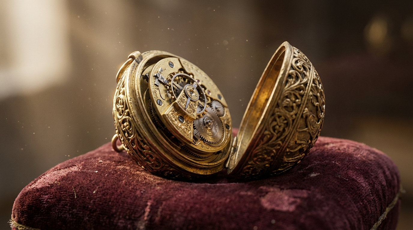 Eine der ältesten Taschenuhren der Welt aus dem 16. Jahrhundert mit offenem Uhrwerk