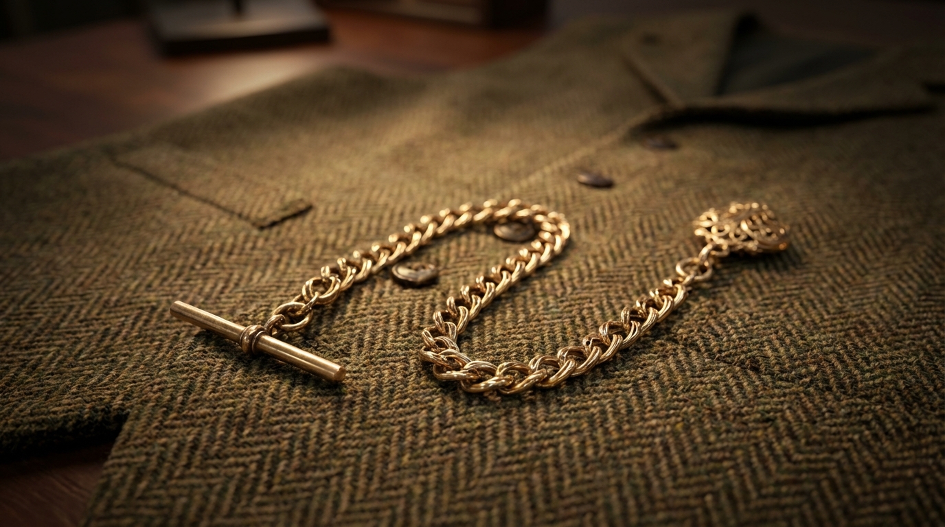 Goldene Doppel-Albert-Kette an einer Tweed-Weste, die verschiedene Arten von Taschenuhrketten repräsentiert