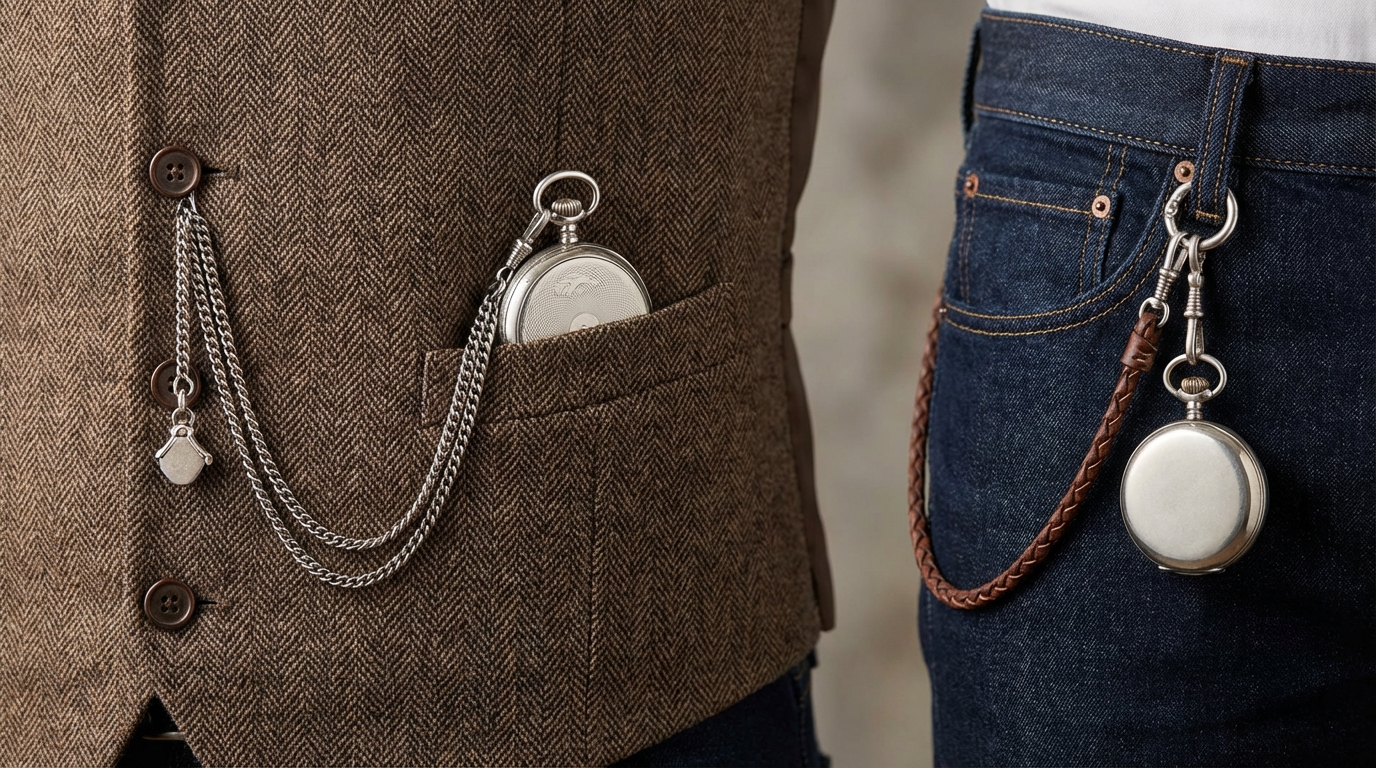 Eine Anleitung, wie man eine Taschenuhr richtig befestigt, mit Beispielen an einer Weste und einer Jeans.