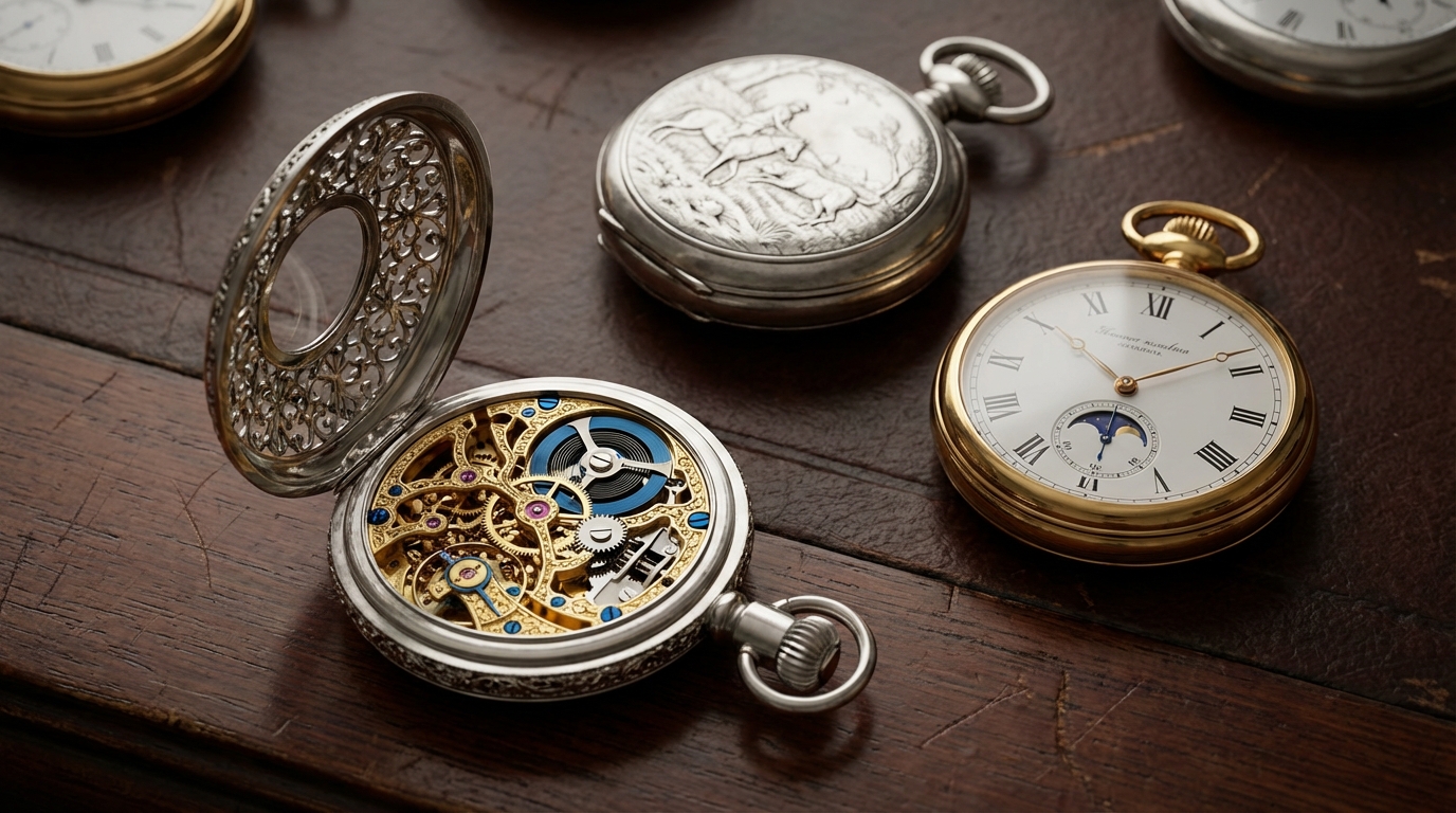 Eine Auswahl der besten Taschenuhren auf einem Holztisch, die verschiedene Stile zeigen.
