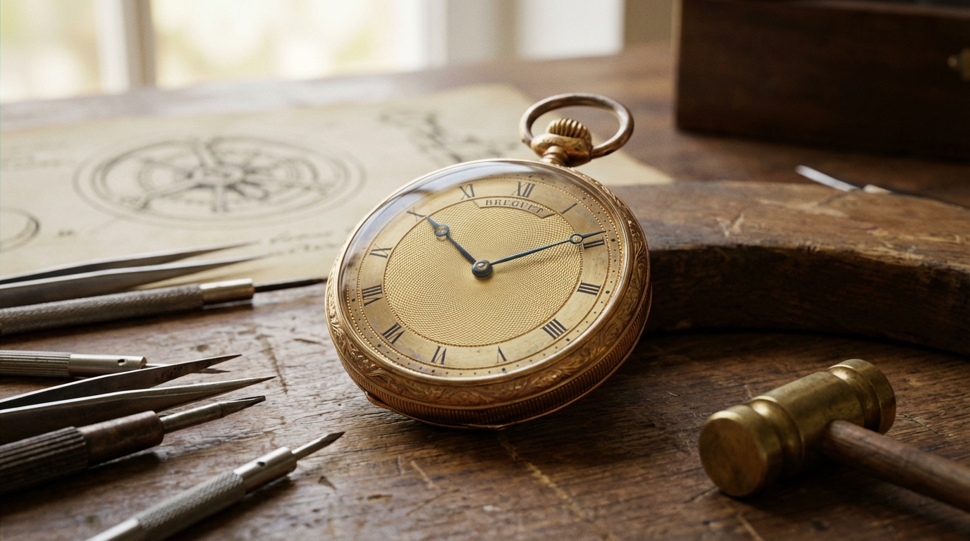 Antike Breguet-Taschenuhr mit Guilloche-Zifferblatt und blauen Zeigern auf einem Uhrmachertisch