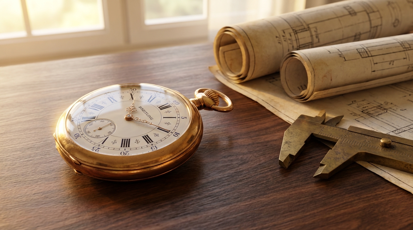 Antike Breitling Taschenuhr aus Gold auf einem Schreibtisch mit alten Bauplänen