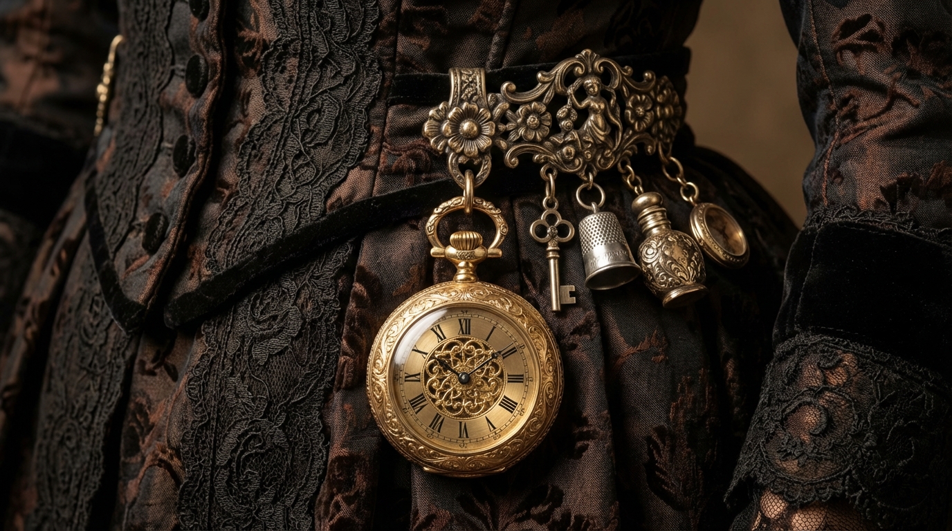 Goldene Chatelaine Taschenuhr mit filigranen Anhängern am Gürtel einer Dame im Vintage-Stil