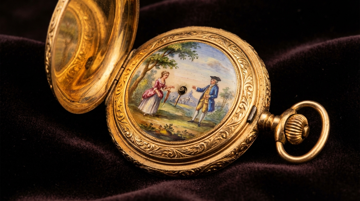 Antike erotische Taschenuhr aus Gold mit geöffnetem Deckel und handgemalter Emaille-Szene