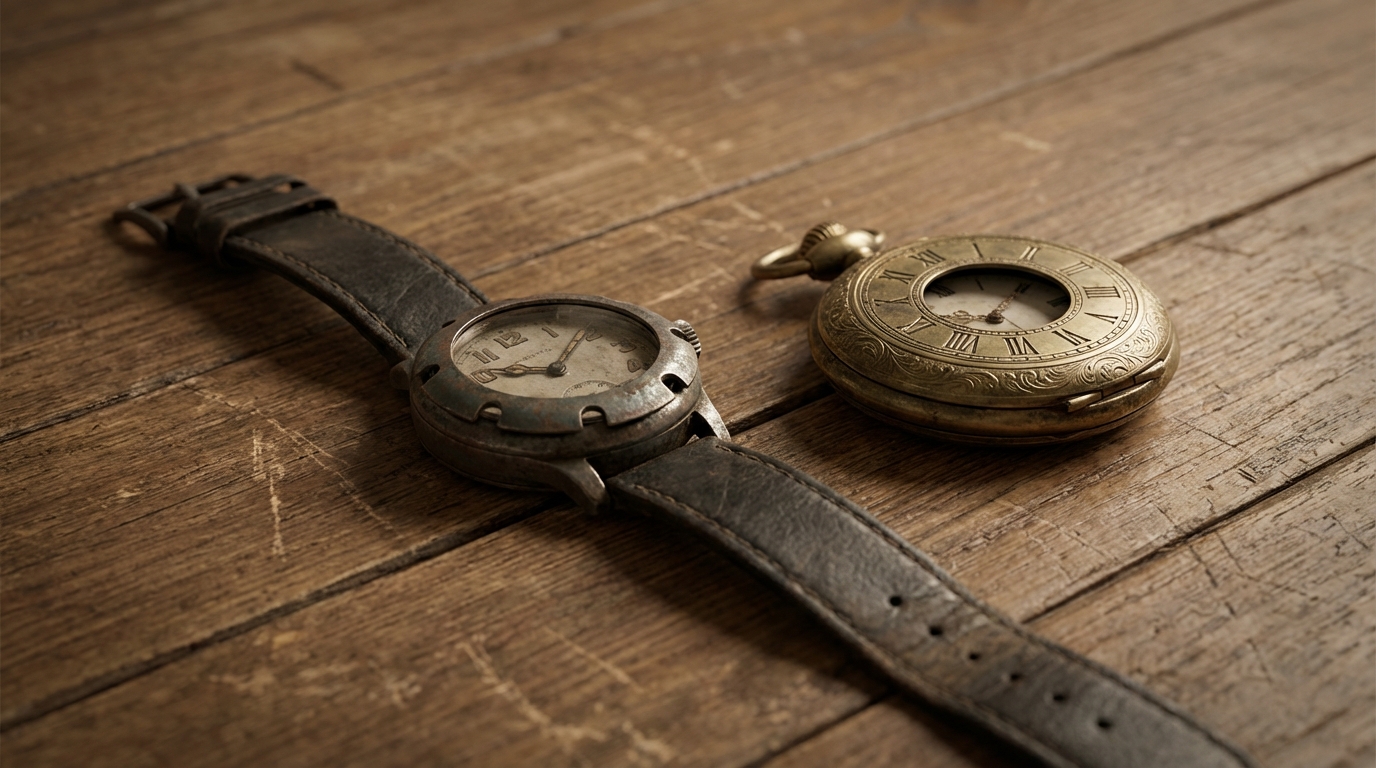 Antike Schützengrabenuhr aus dem Ersten Weltkrieg neben einer klassischen Taschenuhr, die Geschichte der Taschenuhr symbolisierend