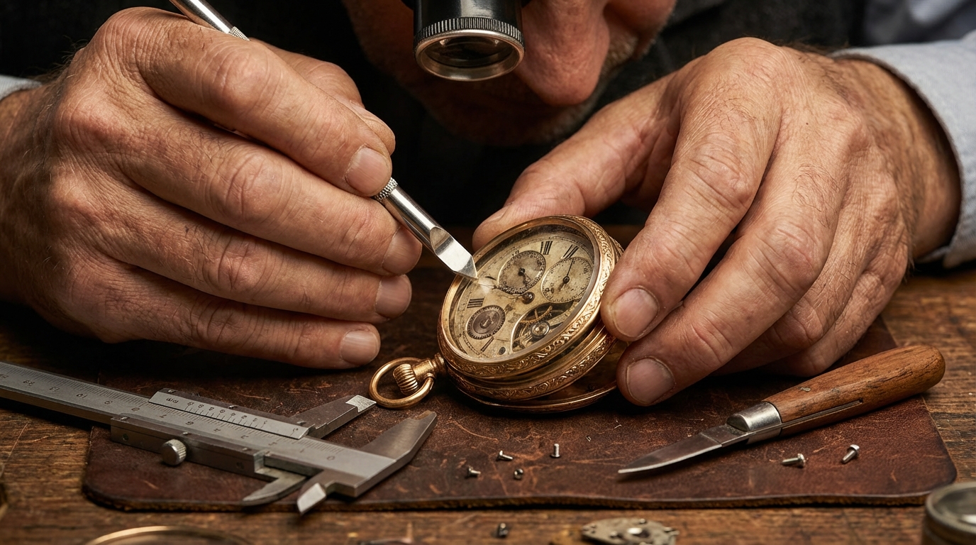 Uhrmacher beim Glas einer Taschenuhr wechseln mit Spezialwerkzeug auf einer Werkbank