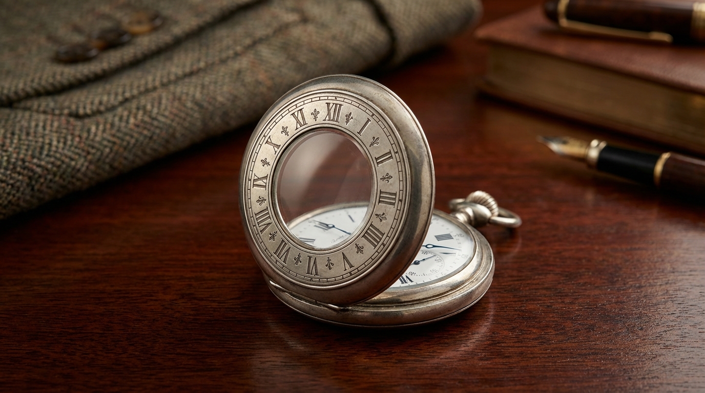 Elegante Halbjäger-Taschenuhr aus Silber mit römischen Ziffern auf dem Deckel