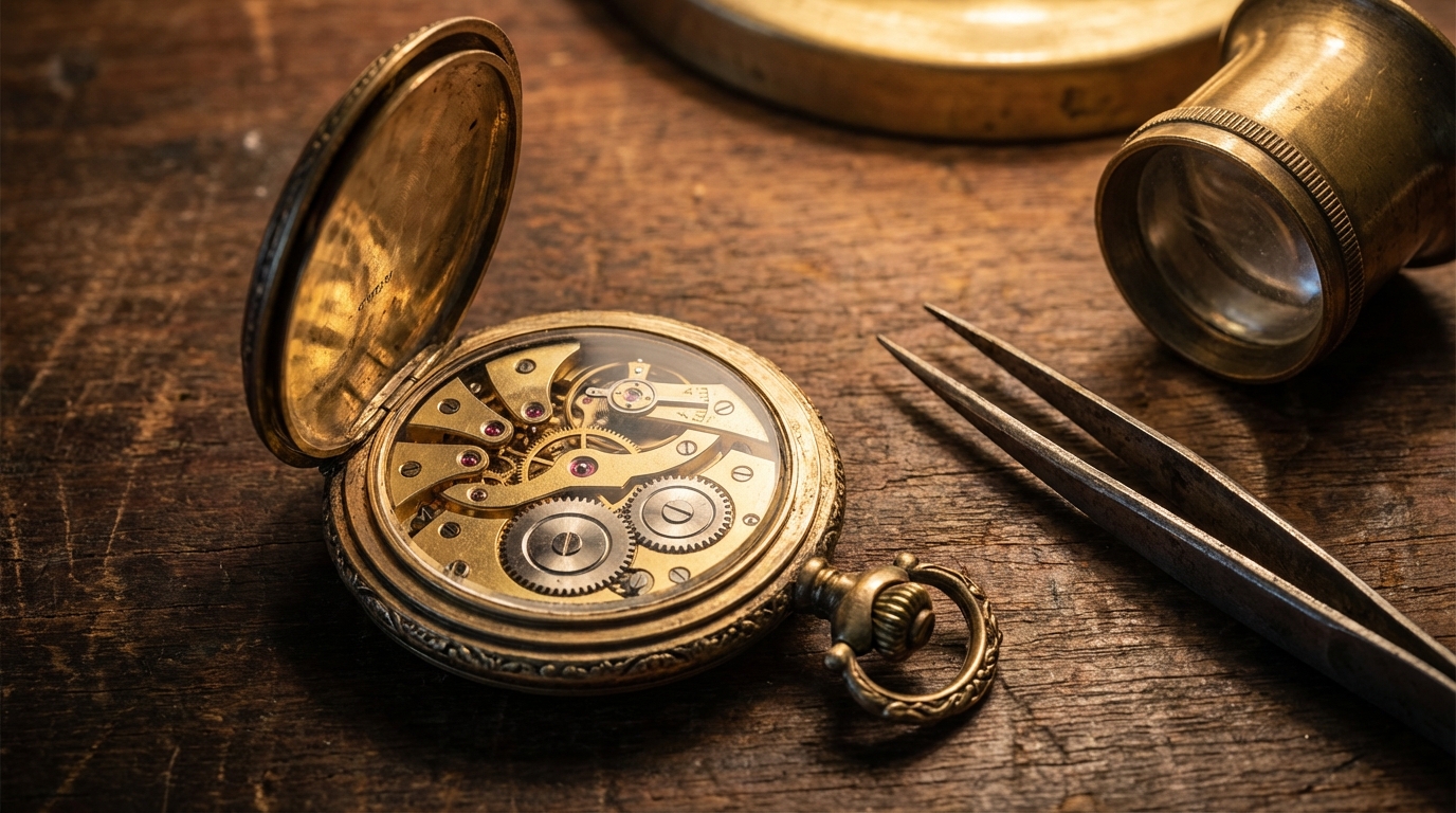 Ein detailliertes Lexikon der Taschenuhr mit Blick auf das offene Uhrwerk und Uhrmacherwerkzeuge.