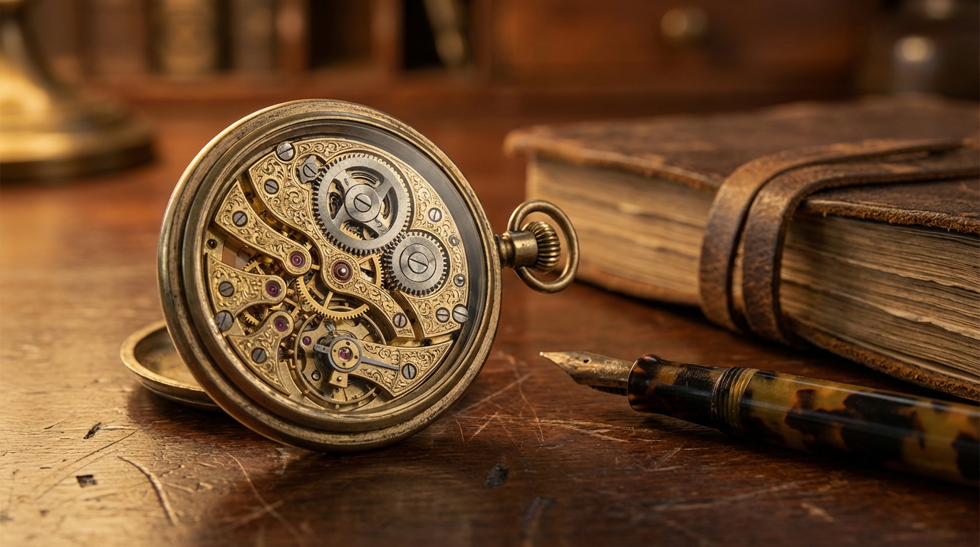 Edle mechanische Taschenuhr mit sichtbarem Uhrwerk auf einem Holztisch