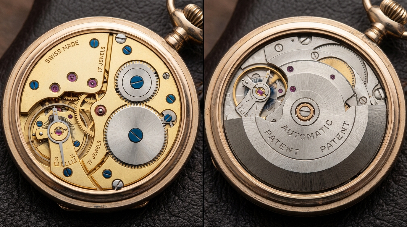 Vergleich der Uhrwerke: mechanische vs automatische Taschenuhr mit sichtbarem Rotor und Handaufzug