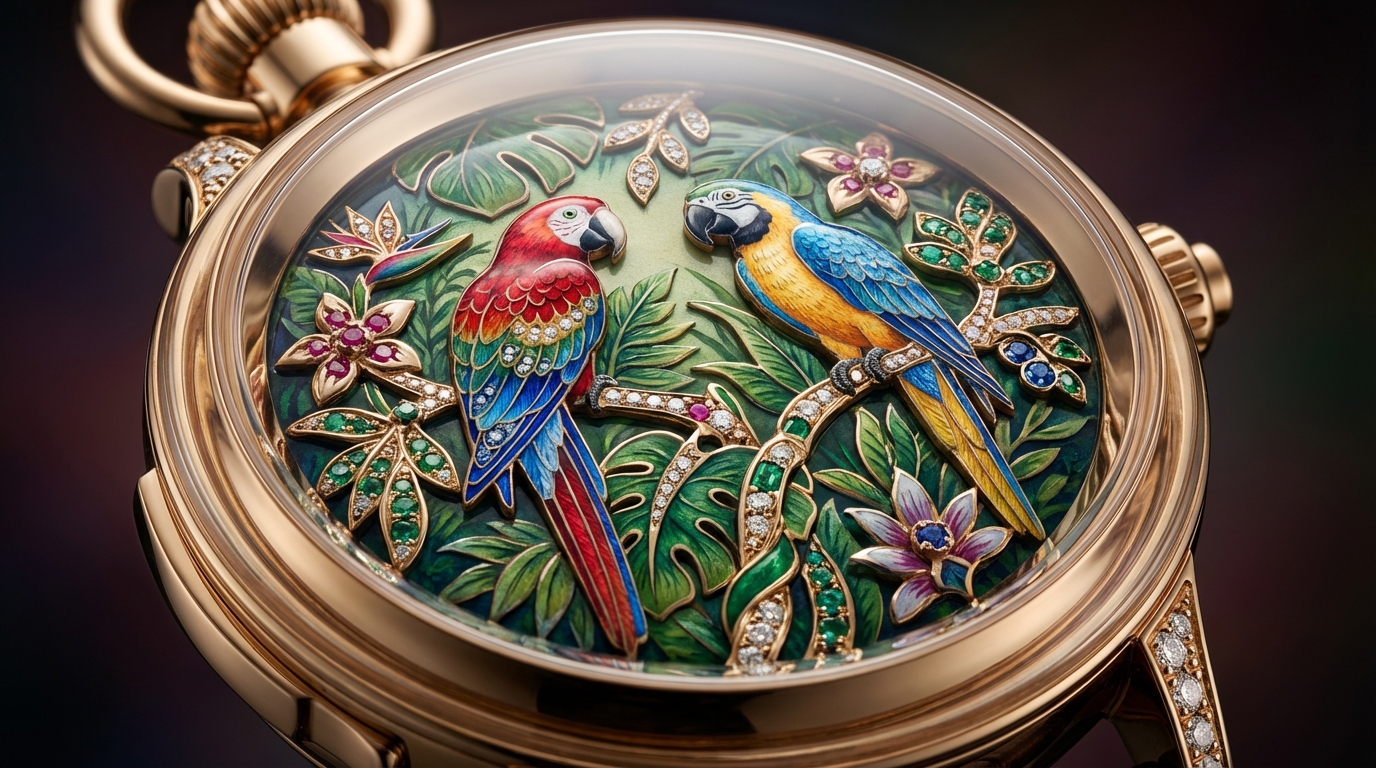 Parrot Repeater Taschenuhr Jaquet Droz Zifferblatt mit Papageien und Edelsteinen