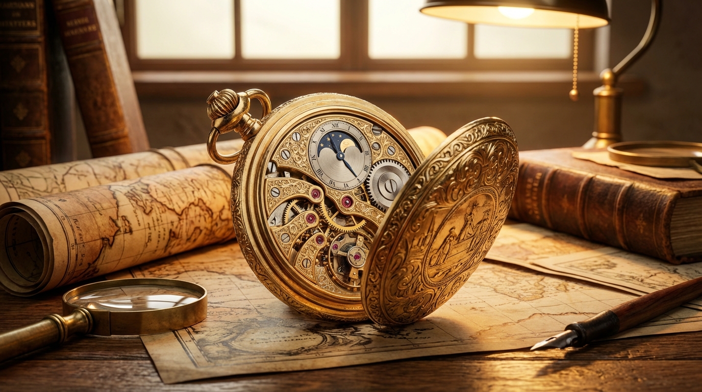 Antike goldene Sammeltaschenuhr auf einem Holztisch mit Lupe und Karten