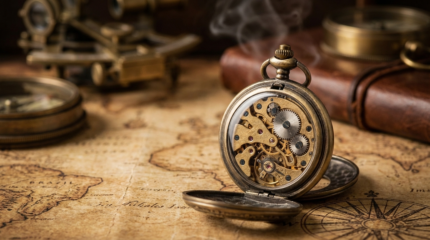 Detaillierte Steampunk-Taschenuhr aus Bronze mit sichtbarem Uhrwerk und Zahnrädern auf einer antiken Karte