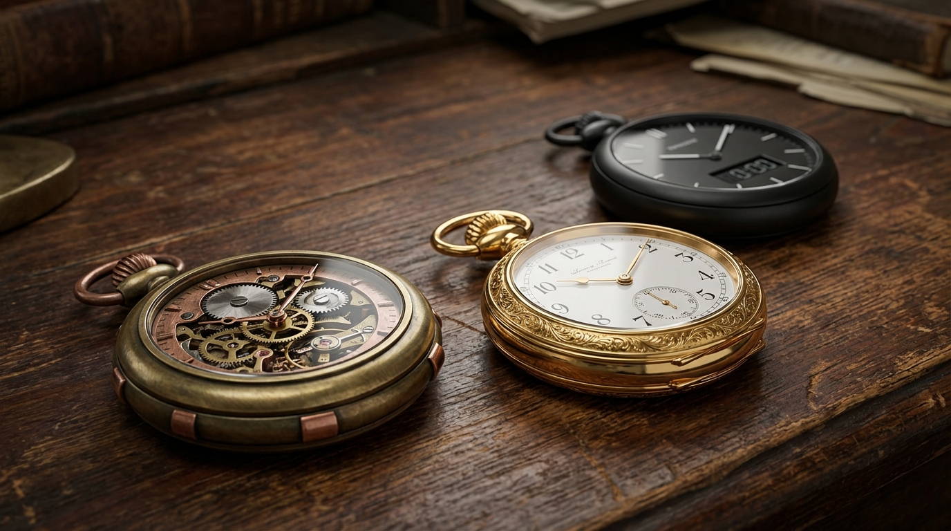 Verschiedene Stile von Taschenuhren von Steampunk über Luxus bis Modern auf einem Holztisch