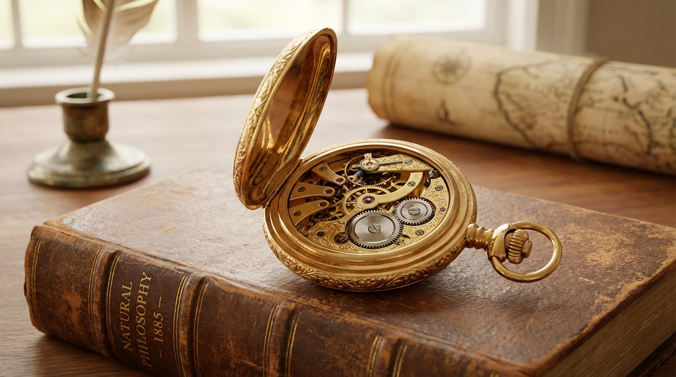 Antike goldene Taschenuhr mit offenem Uhrwerk auf einem alten Buch liegend