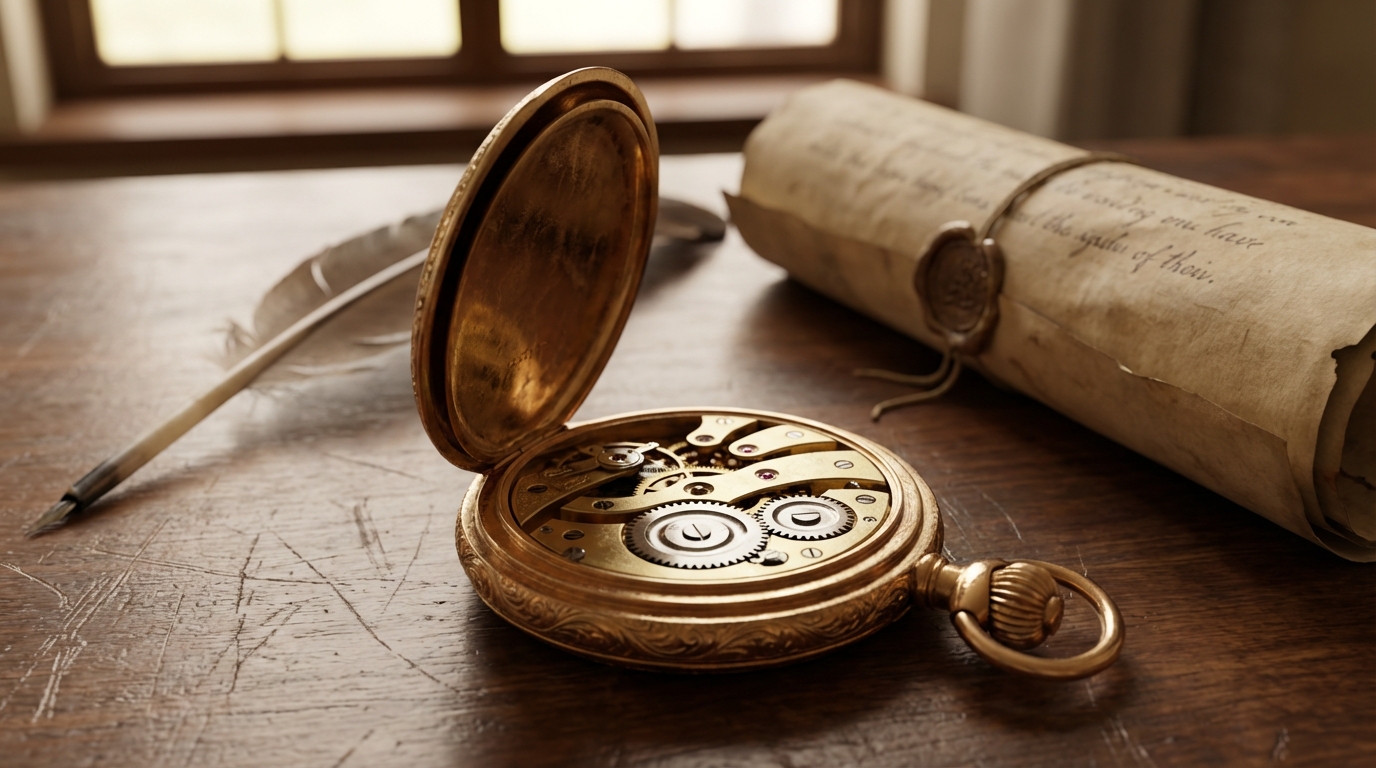 Antike goldene Taschenuhr mit sichtbarem Uhrwerk auf einem Holztisch