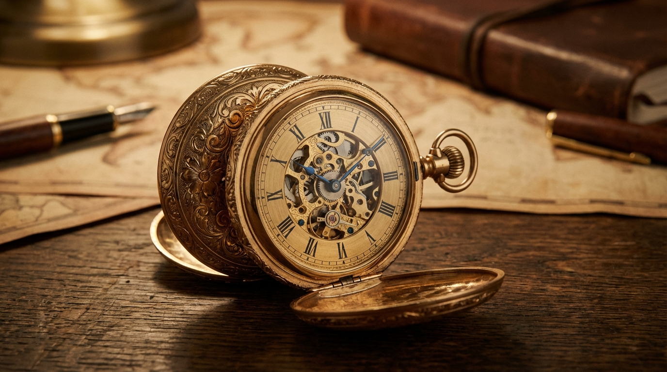 Antike goldene Taschenuhr mit Kette auf einem Holztisch liegend