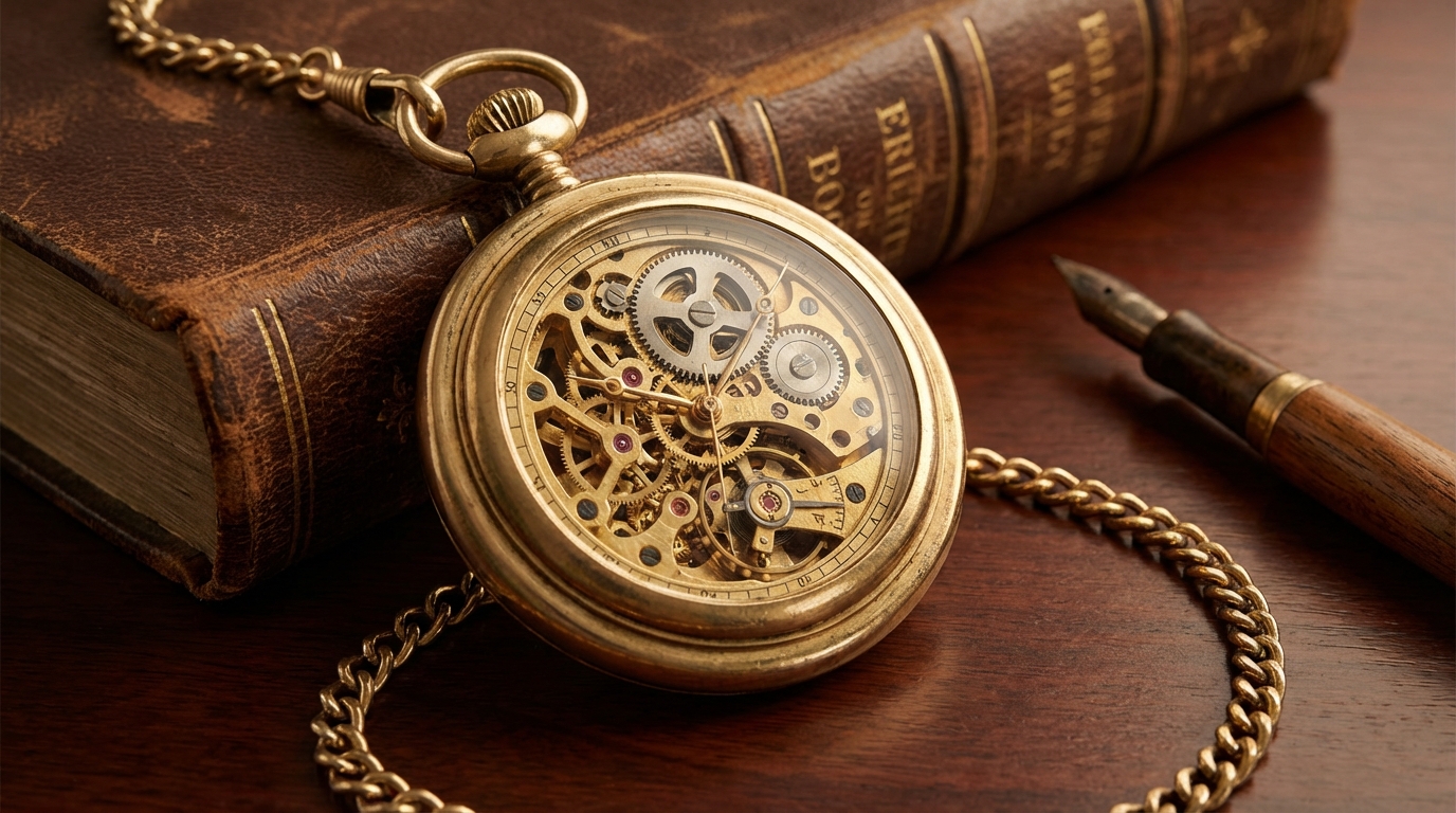 Edle goldene Taschenuhr mit sichtbarem Uhrwerk auf einem antiken Schreibtisch