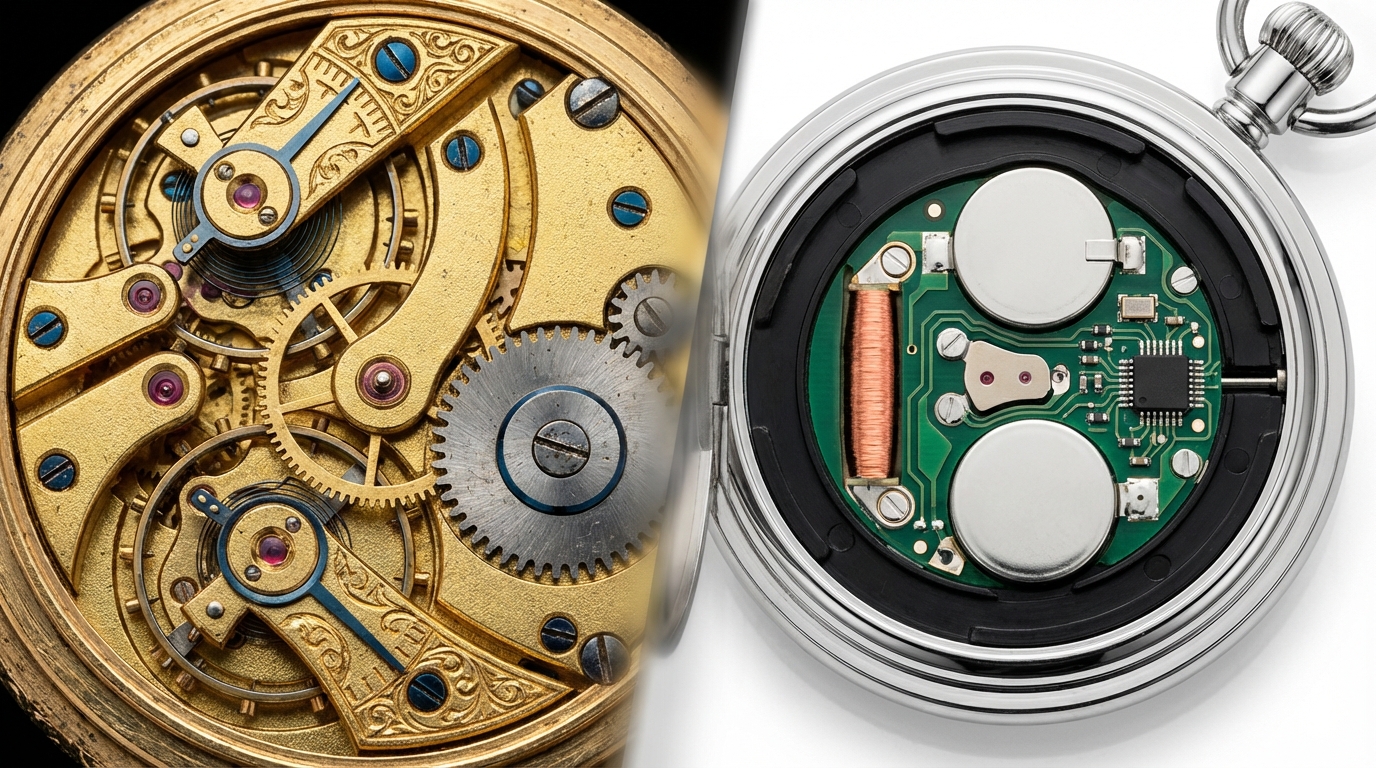 Vergleich zwischen dem Innenleben einer mechanischen Taschenuhr und einer Quarz-Taschenuhr