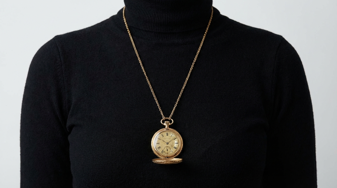 Elegante Frau trägt eine goldene Taschenuhr als Frau in Form einer Halskette