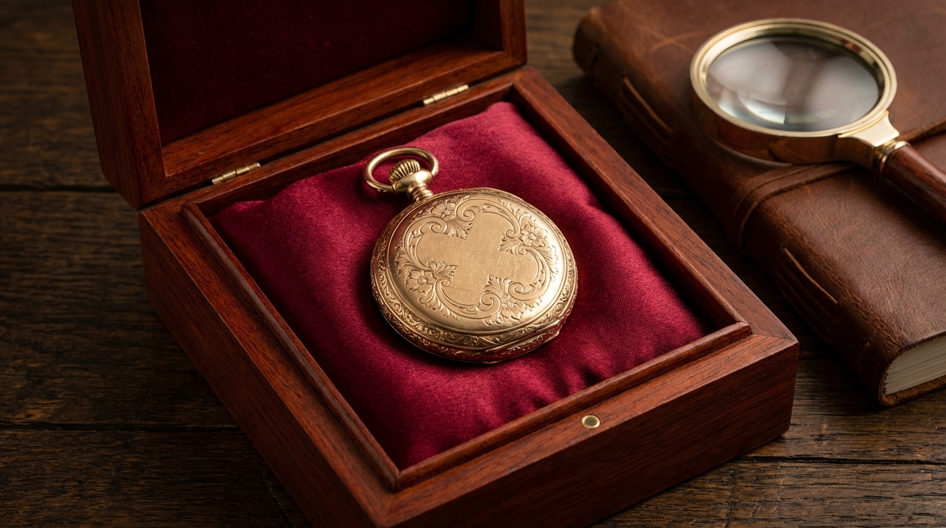 Antike goldene Taschenuhr sicher aufbewahrt in einer edlen Holzschatulle mit Samtpolsterung