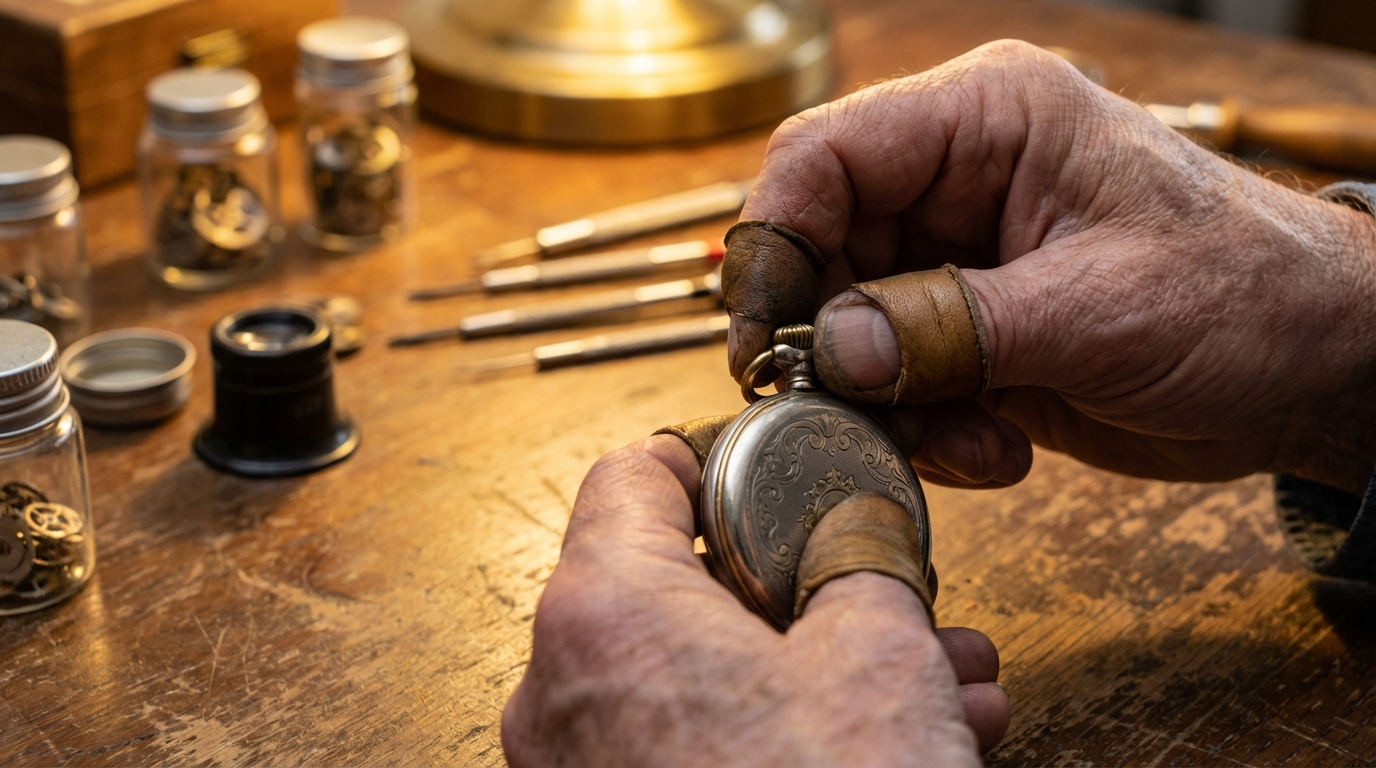 Eine Person zieht eine antike Taschenuhr auf, indem sie die Krone dreht.