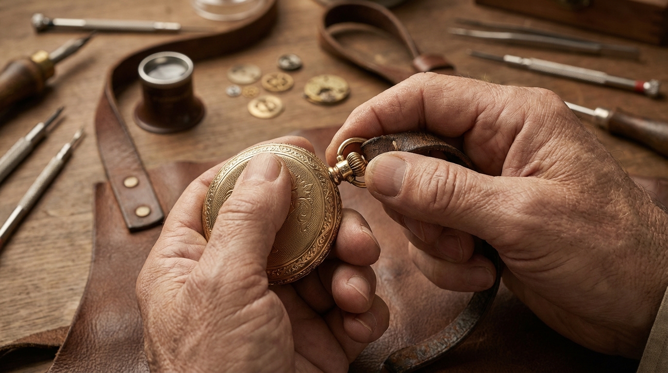 Hände beim vorsichtigen Taschenuhr aufziehen an einer antiken goldenen Uhr