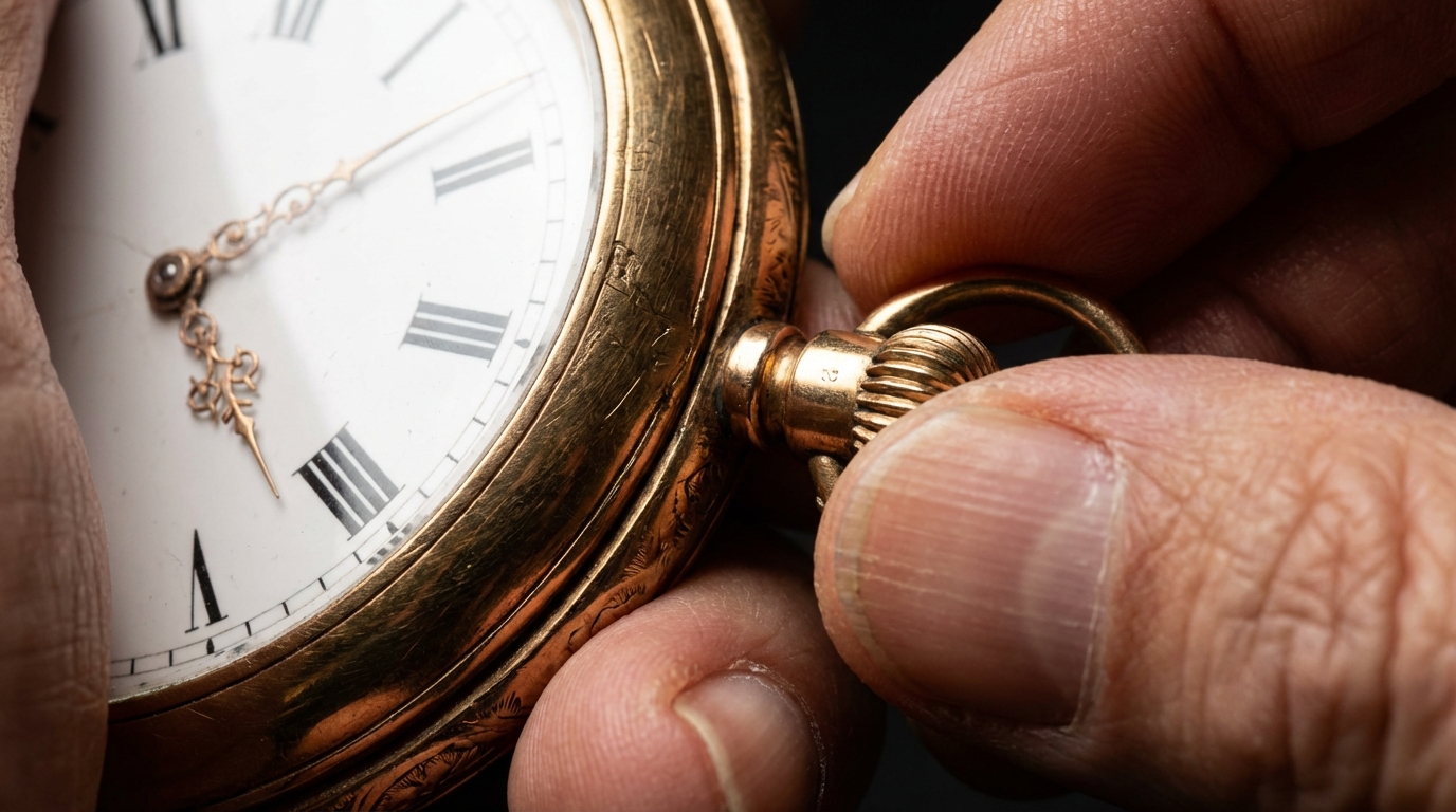 Taschenuhr einstellen an der Krone einer antiken Gold-Uhr