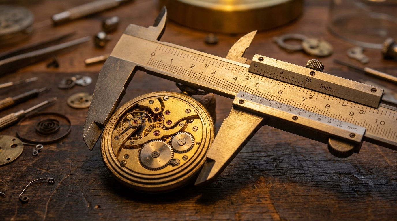 Messung der Taschenuhr Größe am Uhrwerk mit einem Messschieber