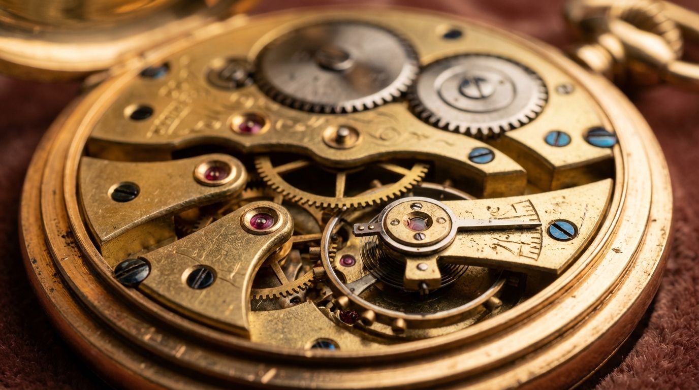 Offenes Uhrwerk einer antiken Taschenuhr mit Komplikationen, das feine Zahnräder und mechanische Details zeigt