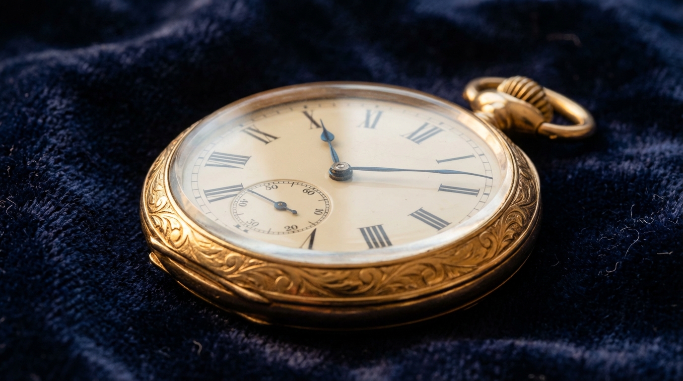 Edle goldene Taschenuhr mit offenem Zifferblatt auf dunklem Samt