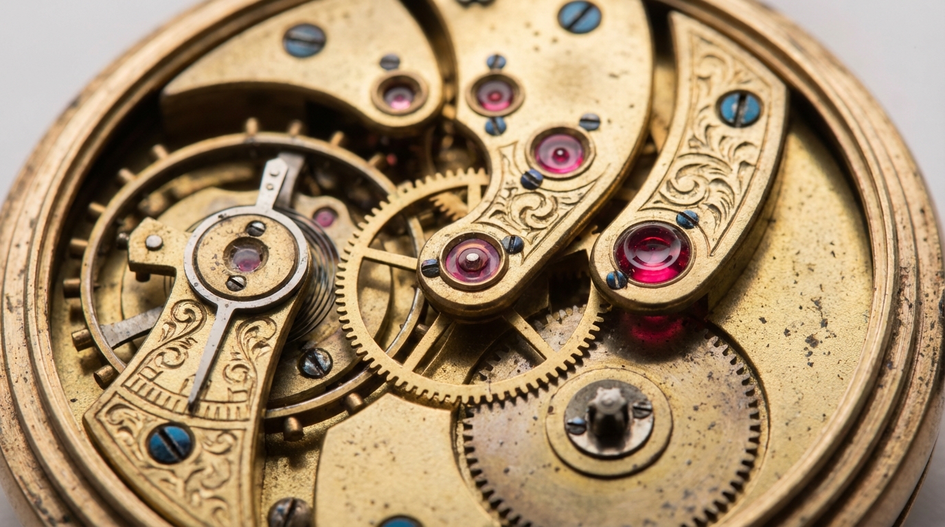 Makroaufnahme des Uhrwerks einer antiken Taschenuhr mit Rubin Lagersteinen