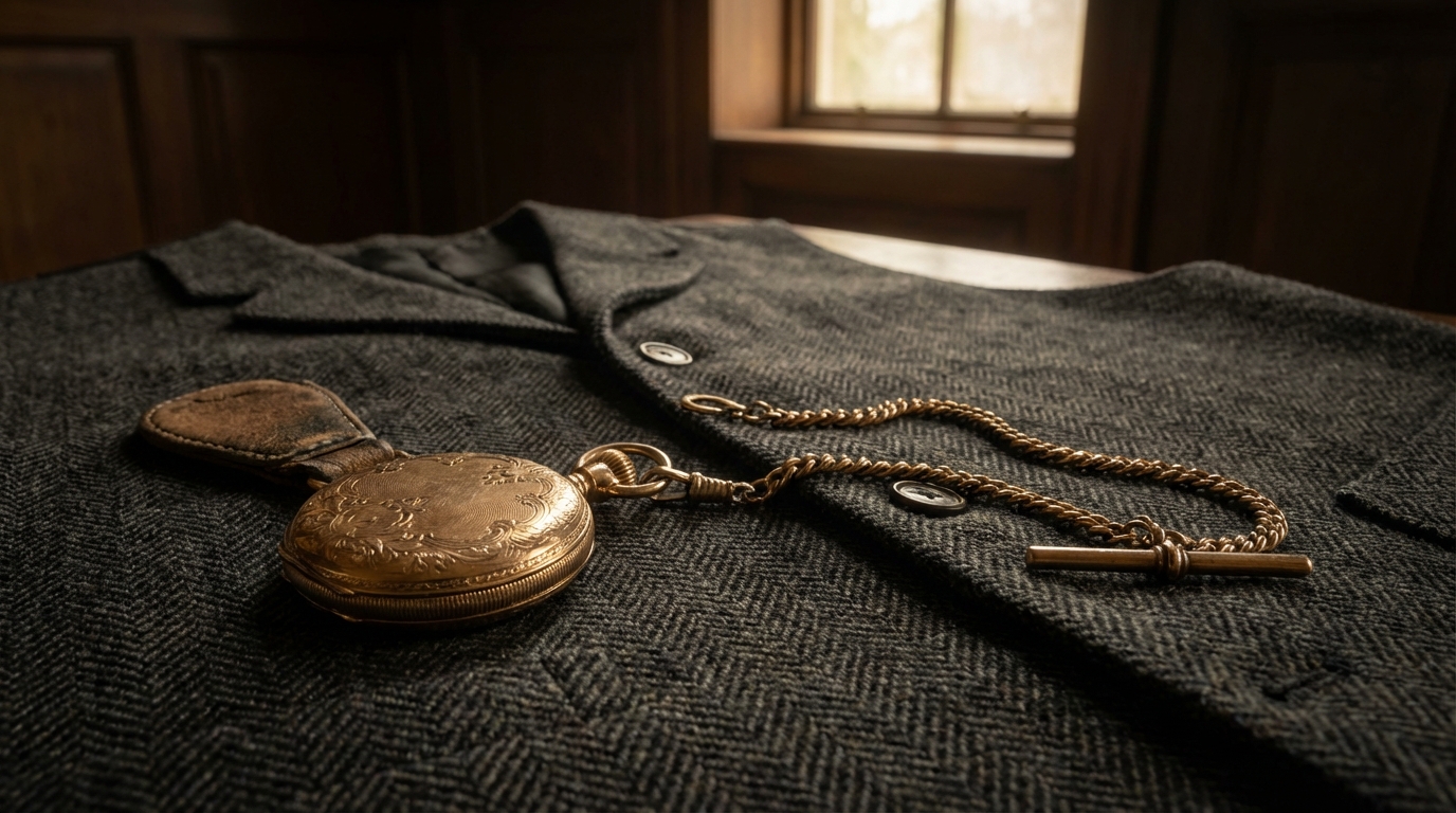 Goldene Taschenuhr Peaky Blinders Stil auf einer grauen Tweed-Weste mit Albert-Kette
