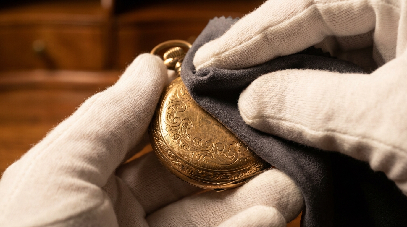 Sorgfältige Pflege einer goldenen Taschenuhr mit einem Mikrofasertuch