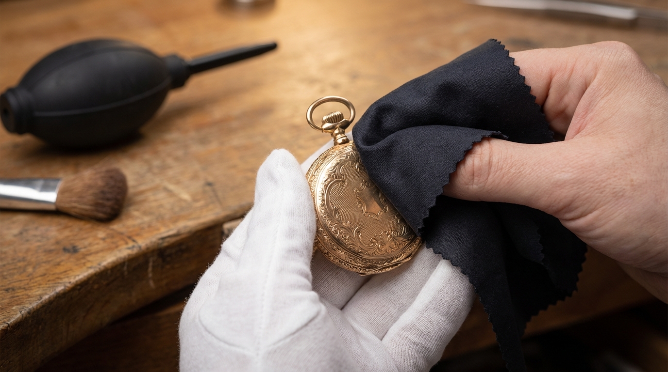 Eine antike goldene Taschenuhr wird professionell mit einem Mikrofasertuch gereinigt