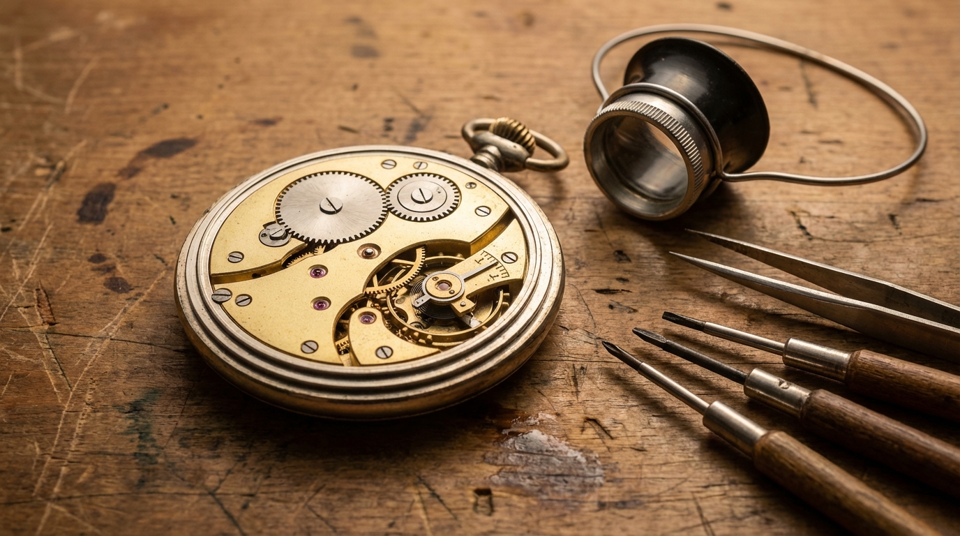 Feinmechanische Reparatur einer antiken Taschenuhr auf einem Uhrmachertisch mit Werkzeug