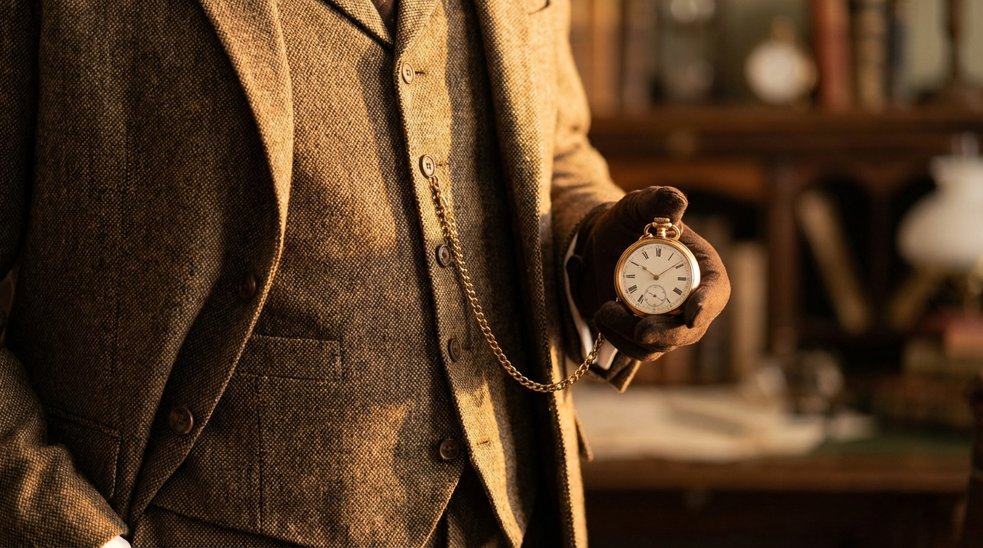 Eleganter Herr im Anzug beim Taschenuhr tragen mit einer goldenen Albert-Kette an der Weste
