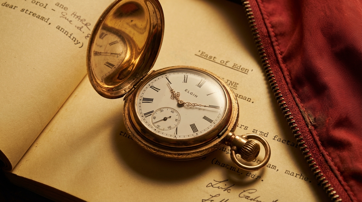 Die goldene Taschenuhr von James Dean mit Kette auf einem Filmskript