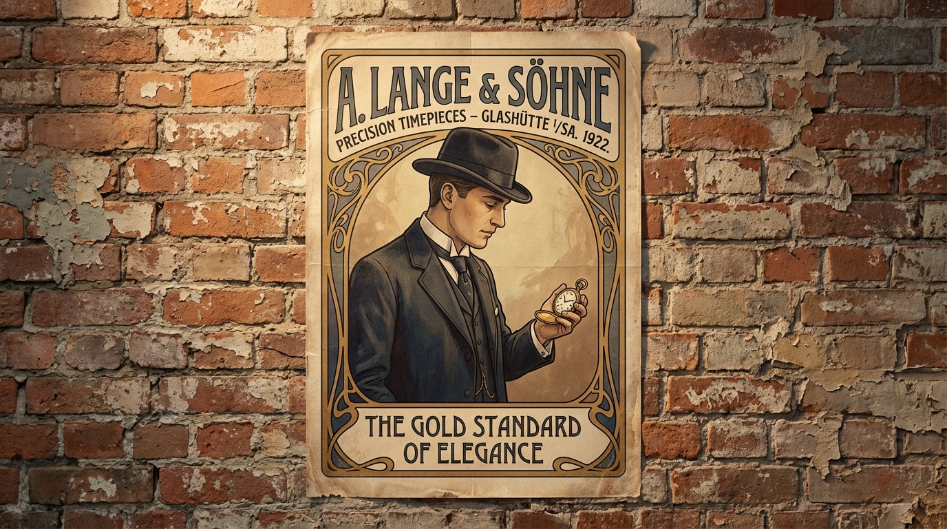 Antikes Werbeplakat für eine goldene Taschenuhr im Vintage-Stil an einer Wand