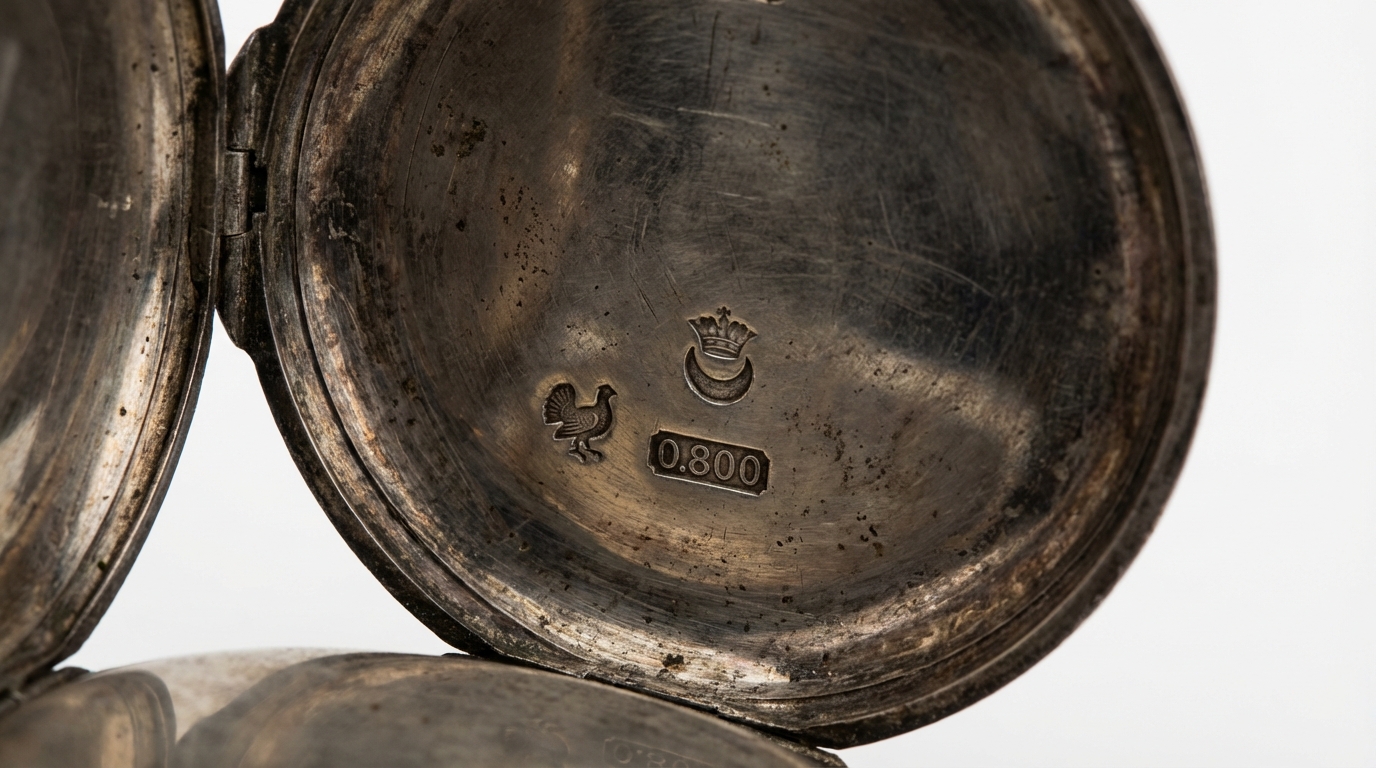 Makroaufnahme von Taschenuhren Punzen wie Halbmond, Krone und Auerhahn auf einem antiken Silbergehäuse