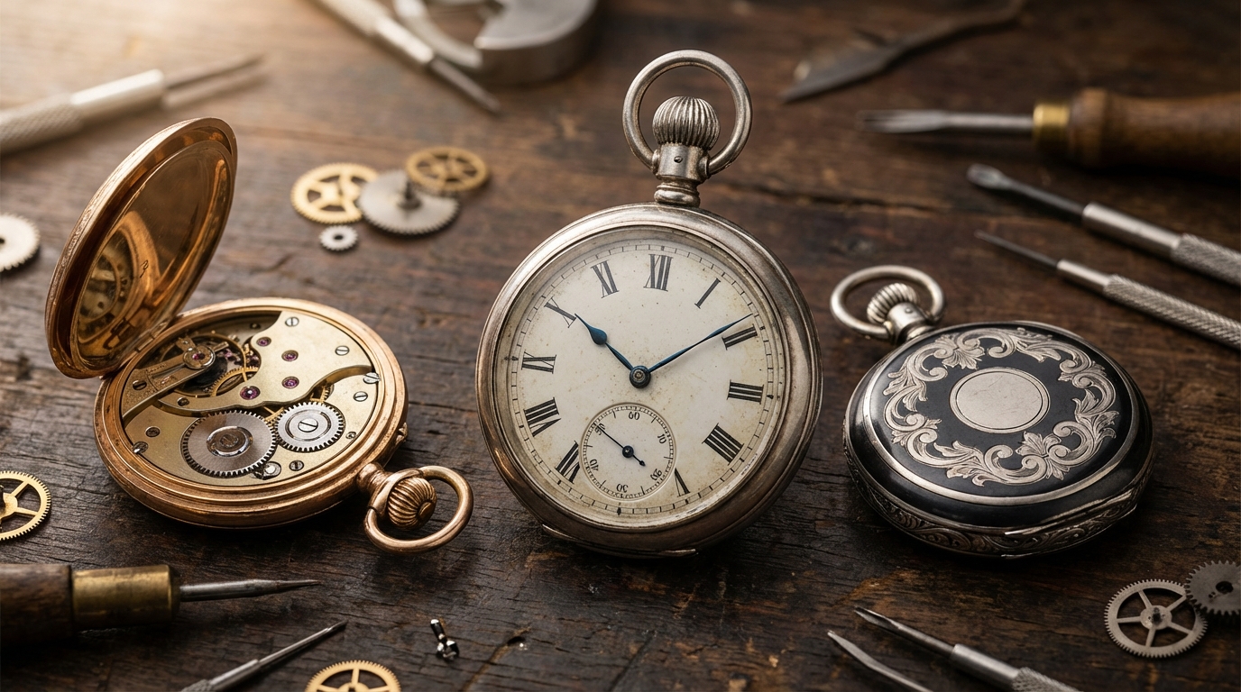 Verschiedene antike Taschenuhrgehäuse: Lépine, Savonnette und Niello auf einem Holztisch