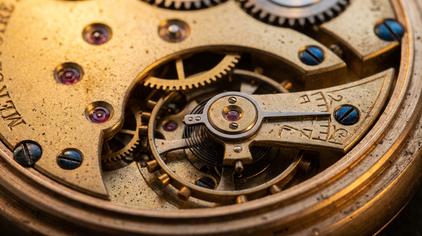 Detaillierte Ansicht von komplexen mechanischen Taschenuhrwerken mit Zahnrädern und Rubinen