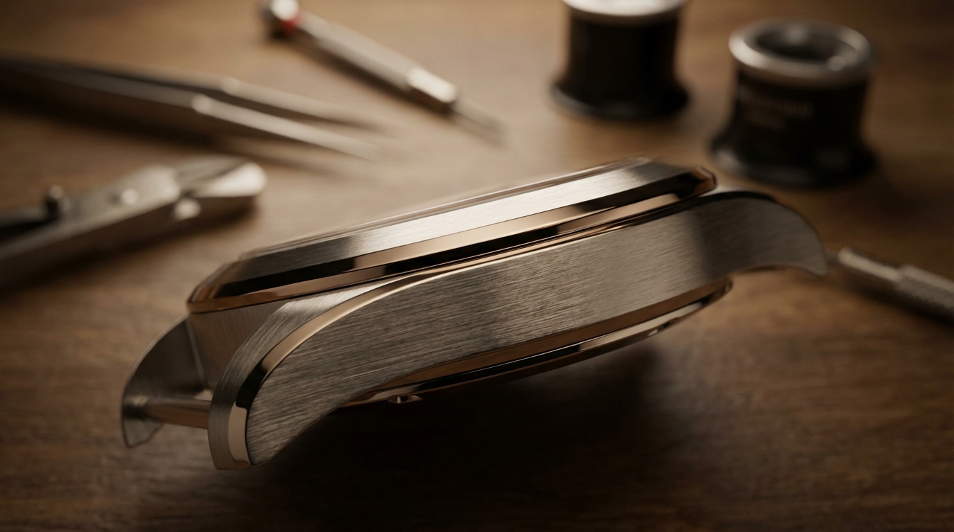 Detaillierte Nahaufnahme eines hochwertigen Uhrengehäuse aus Edelstahl mit polierten Kanten