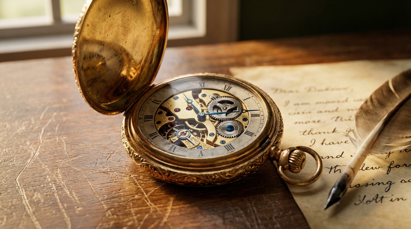 Elegante goldene Vintage-Taschenuhr auf einem antiken Holztisch