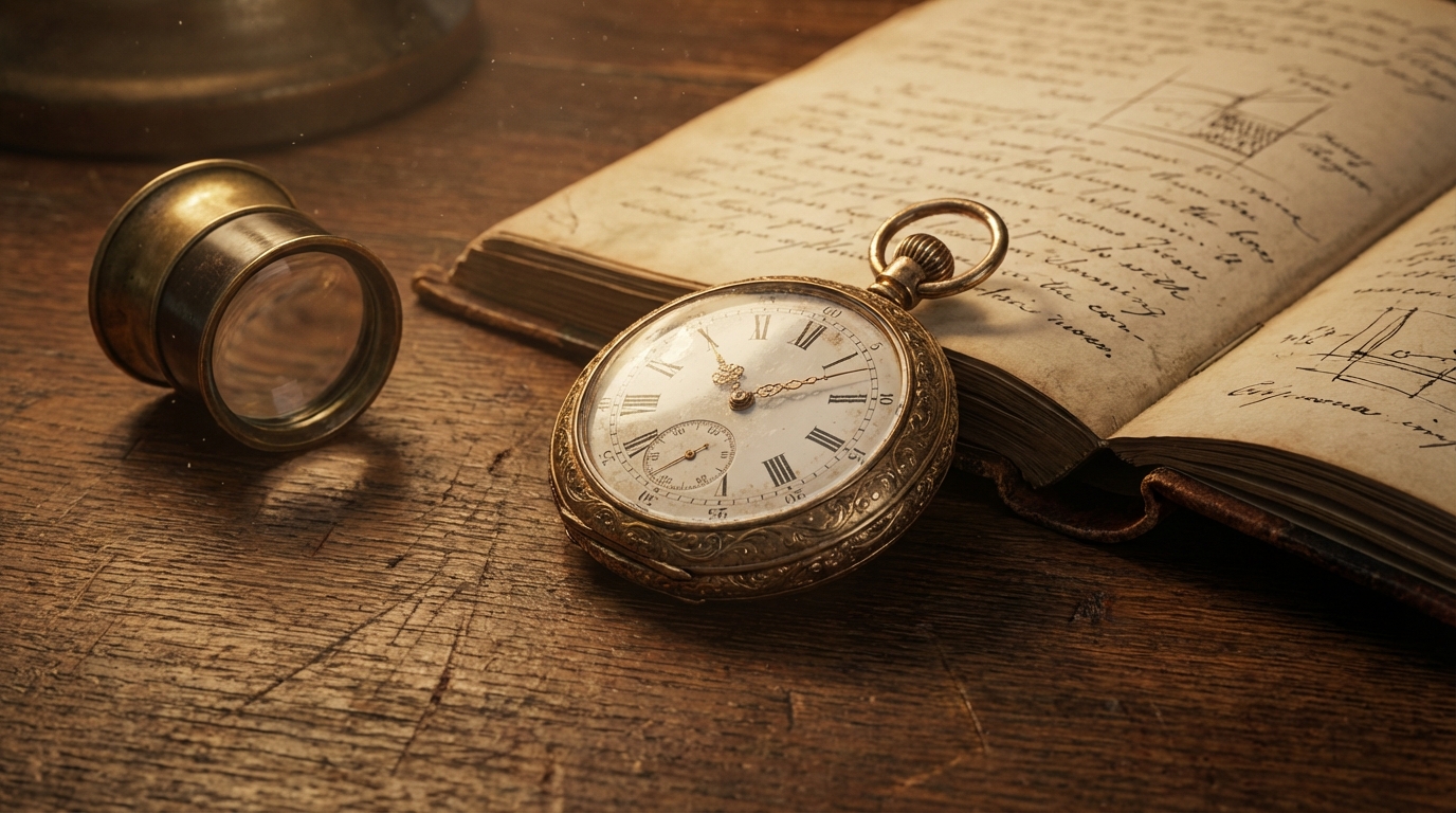 Antike goldene Taschenuhr auf Holztisch zur Wertermittlung mit Lupe