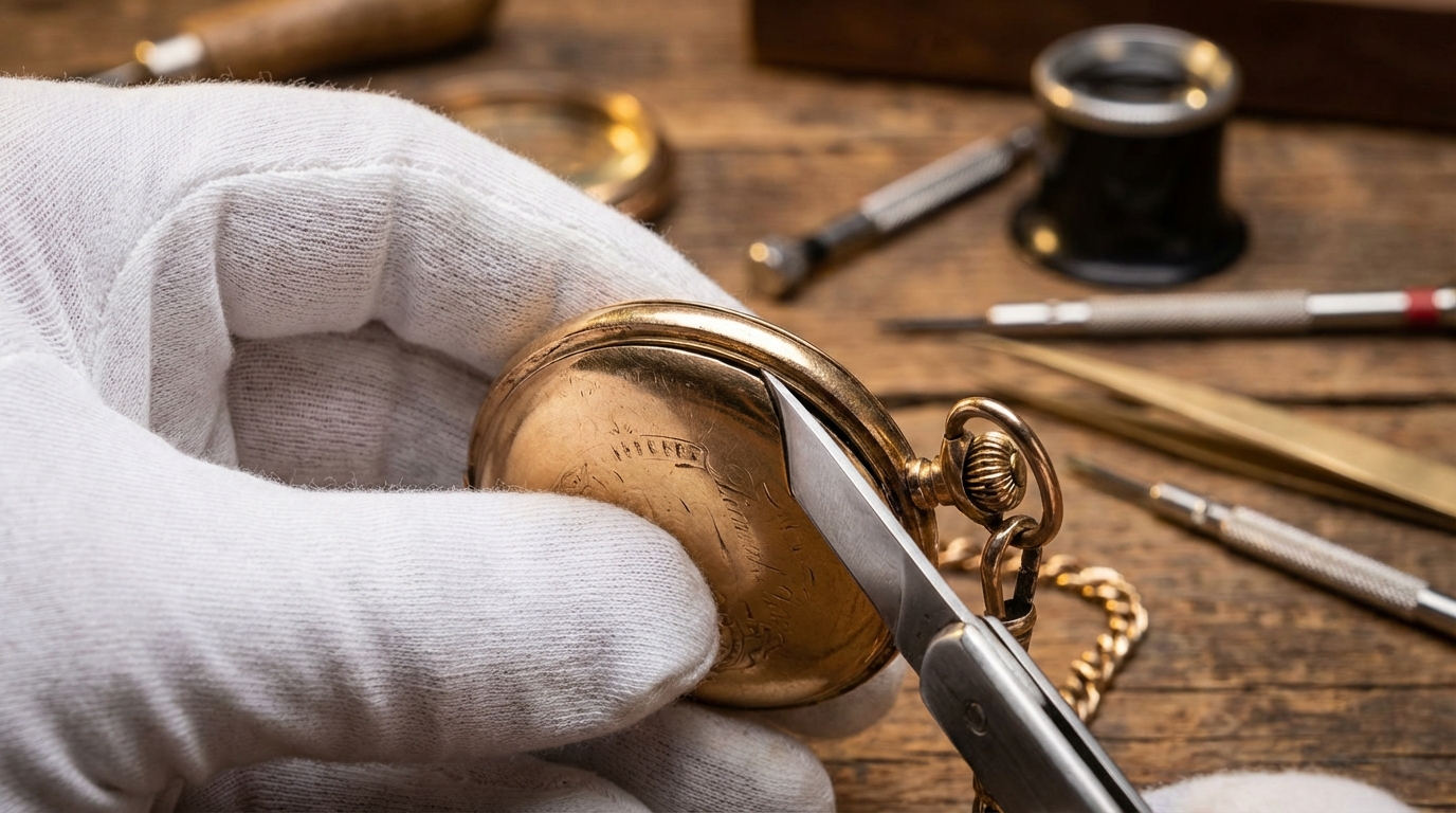 Fachgerechtes Öffnen einer antiken goldenen Taschenuhr mit einem Uhrmachermesser