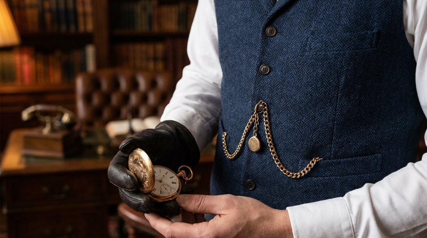 Eleganter Mann trägt eine goldene Taschenuhr an einer Weste mit Albert-Kette - Wie trägt man eine taschenuhr