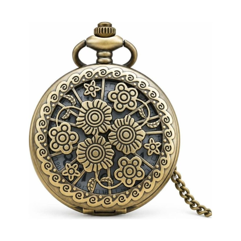 Quarz-Taschenuhr mit Blumenmotiv in Bronze