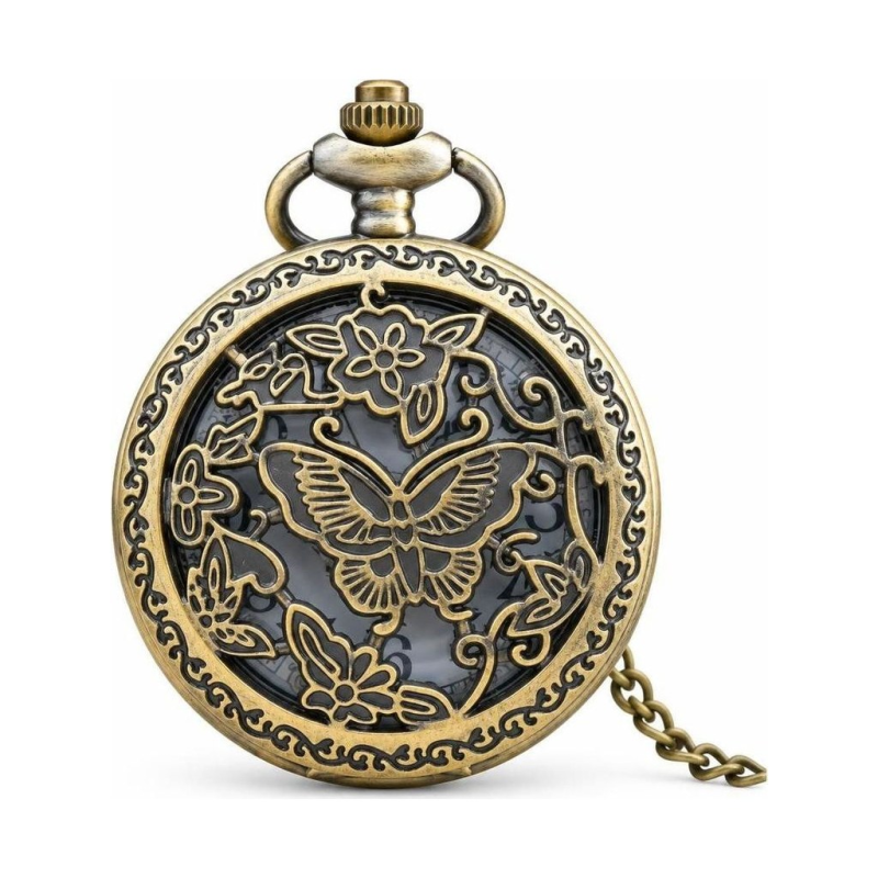 Quarz-Taschenuhr mit Schmetterling im Klappdeckel