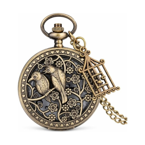 Quarz-Taschenuhr mit Vogelmotiv in patinierter Bronzeoptik